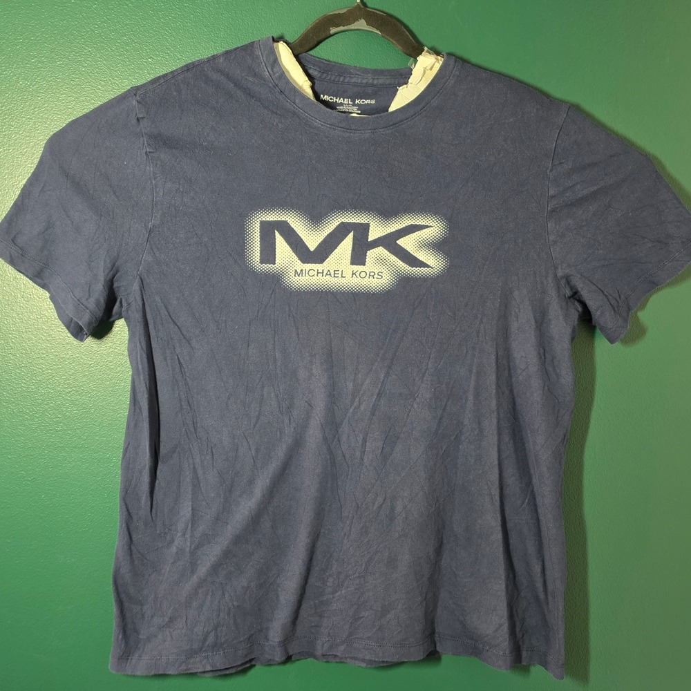 Michael Kors Mens Navy Blue MK Logo Graphic T-Shirt Large L Cotton Short Sleeve